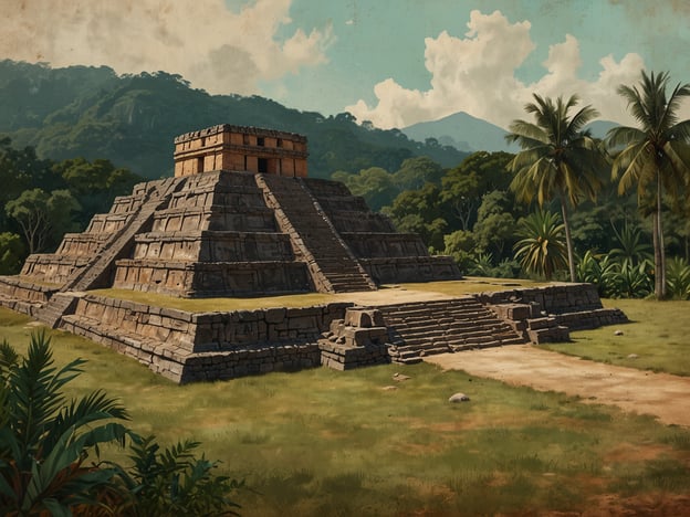 Auf dem Bild sind die faszinierenden Maya-Ruinen zu sehen, die aus einer stufenförmigen Pyramide bestehen. Im Hintergrund erkennt man eine üppige grüne Landschaft mit Bäumen und Bergen. Die Strukturen scheinen gut erhalten zu sein und vermitteln einen Eindruck von der beeindruckenden Architektur der Maya-Zivilisation. Die Atmosphäre des Ortes wird durch die umliegende Natur und den blauen Himmel unterstrichen.