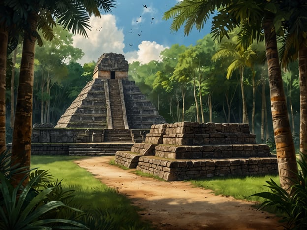 Das Bild zeigt eine beeindruckende, von der Natur umgebene architektonische Struktur, die stark an eine Maya-Pyramide erinnert. Man sieht eine große Pyramide mit Treppen, umgeben von dichten, grünen Bäumen und Pflanzen. Es gibt auch niedrigere, quadratische Plattformen aus Stein im Vordergrund sowie einen schmalen Weg, der zu der Pyramide führt. Der Himmel ist teilweise bewölkt und einige Vögel sind in der Luft zu sehen, was dem Bild eine lebendige Atmosphäre verleiht. Solche Stätten erinnern oft an die anspruchsvolle Baukunst und die religiösen Praktiken der Maya-Zivilisation.