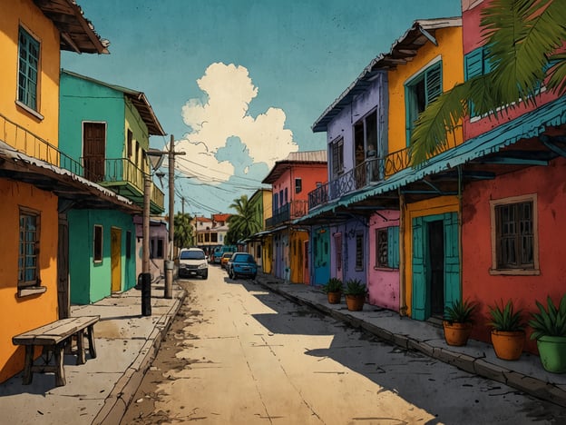 Auf dem Bild ist eine bunte Straße in Belize City zu sehen. Die Häuser sind in verschiedenen lebendigen Farben gestrichen, darunter Gelb, Grün, Blau und Rosa. Die Straße ist schmal, und es gibt einige Autos sowie einen Holztisch auf der linken Seite. Palmen und Töpfe mit Pflanzen fügen ein tropisches Flair hinzu. Der Himmel ist klar mit einigen Wolken. Diese Szenerie spiegelt den charmanten und lebhaften Charakter der Stadt wider.