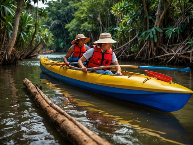 Auf dem Bild sind zwei Personen zu sehen, die in einem Kajak paddeln. Sie tragen Schwimmwesten und Sonnenhüte, was darauf hindeutet, dass sie sich in einem warmen, sonnigen Klima befinden. Die Umgebung ist üppig grünen mit dichtem Bewuchs, was auf eine tropische oder subtropische Region hinweist. 

Diese Aktivität könnte als entspannendes Erlebnis in der Natur beschrieben werden, vielleicht als Teil eines Abenteurausflugs oder einer Erkundungstour durch einen ruhigen Wasserlauf. Es scheint eine Gelegenheit zu sein, die Tier- und Pflanzenwelt in einem malerischen Umfeld zu genießen.