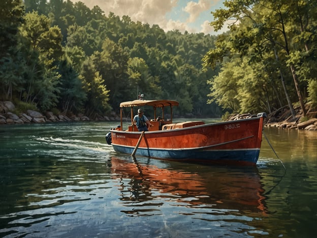 Auf dem Bild sieht man ein Boot, das durch ruhiges Wasser fährt, umgeben von üppigen, grünen Bäumen. Diese Szenerie könnte typisch für die Anreise zu Lamanai sein, einem alten Maya-Ort in Belize, der oft über Flüsse und Wasserwege erreicht wird. Das Boot und die Natur vermitteln eine friedliche, malerische Atmosphäre, die die Reise zu diesem historischen Ziel begleiten könnte.