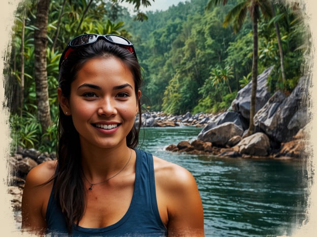 Auf dem Bild sieht man eine Person, die vor einer malerischen natürlichen Kulisse steht. Der Hintergrund zeigt einen ruhigen Fluss, umgeben von üppigem Grün und hohen Bäumen, was typisch für das Abenteuergefühl rund um Lamanai ist. Lamanai ist bekannt für seine beeindruckenden Ruinen und die reiche Flora und Fauna der Region. Solche Szenen laden zu Erkundungen ein, sei es beim Wandern durch den Dschungel oder beim Bootfahren über die Gewässer, während man die Schönheit der Natur genießen kann.