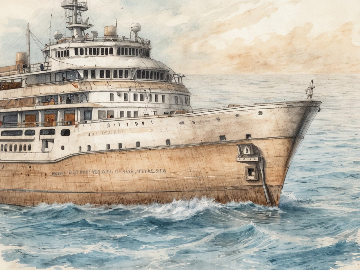 Ein beeindruckendes Schiff fährt über die Wellen des Atlantiks. Die Detailzeichnung zeigt die Vorderseite des Schiffes mit mehreren Decks und Fenstern, während die sanften Wellen das Wasser um das Schiff aufwirbeln. Der Himmel ist hell mit leicht bewölkten Abschnitten, was eine ruhige maritime Atmosphäre schafft. Dieses Bild vermittelt das Gefühl einer Atlantiküberquerung, mit einem Fokus auf die majestätische Präsenz des Schiffs auf dem Wasser.