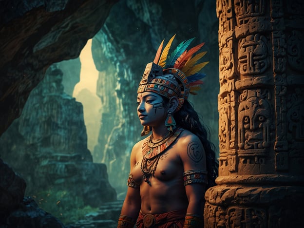 Auf dem Bild ist eine mythologische Figur zu sehen, die möglicherweise an die Kultur und Traditionen der alten Zivilisationen wie der Azteken oder Maya erinnert. Er steht in einer Höhle, die oft als Ort der Mystik und des Übergangs in verschiedenen Mythen dargestellt wird.

In vielen indigenen Legenden symbolisieren Höhlen die Verbindung zur Unterwelt, zu den Ahnen oder zu spirituellen Kräften. Oft wird angenommen, dass sie als Orte der Meditation, Transformation oder der Kommunikation mit Gottheiten dienen. In der Maya-Mythologie beispielsweise gelten Höhlen als Eingänge zu Xibalba, der Unterwelt, und sind daher von großer kultureller und religiöser Bedeutung.

Die auffällige Kleidung und die Schmuckstücke könnten darauf hinweisen, dass diese Figur eine besondere Rolle in religiösen Ritualen oder Zeremonien spielt, möglicherweise als Priester oder Krieger. Farben und Symbole auf der Kleidung könnten zudem tiefe Bedeutungen und Geschichten in Bezug auf die Natur und die Götter dieser Kulturen transportieren.