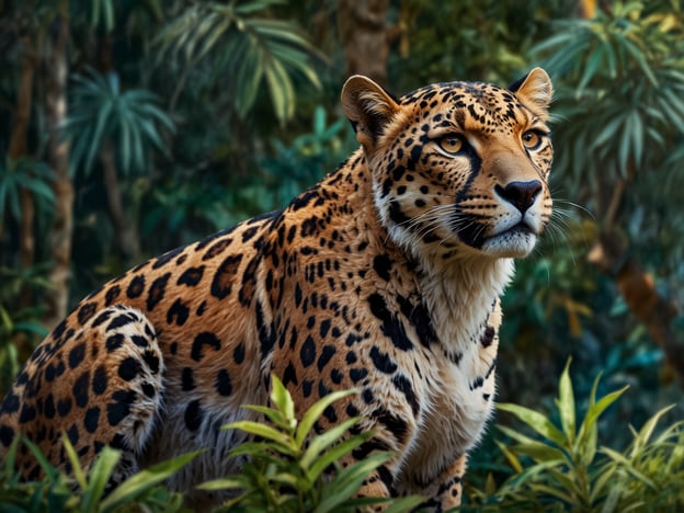 Auf dem Bild ist ein Leopard zu sehen, der in einem Dschungel oder einer üppigen Umgebung sitzt. Der Leopard wird umgeben von dichten Pflanzen, die zur Artenvielfalt im Sanctuary beitragen. In solch einem Lebensraum finden viele verschiedene Tier- und Pflanzenarten Schutz und können in einem ausgewogenen Ökosystem coexistieren. Diese Artenvielfalt ist entscheidend für das Gleichgewicht der Natur und gewährleistet das Überleben vieler Spezies.