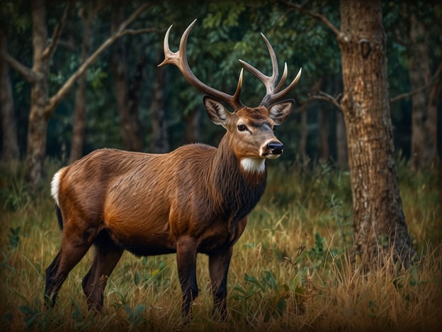 Auf dem Bild ist ein männliches Tier mit Geweih zu sehen, das in einer natürlichen Umgebung steht, umgeben von Bäumen und hohem Gras.

**Herausforderungen:** 
1. **Lebensraumverlust:** Die Wälder, in denen diese Tiere leben, werden oft für Landwirtschaft oder Urbanisierung abgeholzt, was ihren Lebensraum erheblich einschränkt.
2. **Wilderei:** Einige Arten werden aufgrund ihres Geweihs gejagt, was zu einem Rückgang der Population führt.
3. **Klimawandel:** Veränderungen im Klima beeinflussen die Nahrungsversorgung und Fortpflanzung dieser Tiere.

**Erhaltungsmaßnahmen:**
1. **Schutzgebiete:** Einrichtung und Erhaltung von Naturschutzgebieten, die diesen Tieren sichere Lebensräume bieten.
2. **Aufklärung:** Programme zur Sensibilisierung der Öffentlichkeit über die Bedeutung des Schutzes dieser Arten und ihrer Lebensräume.
3. **Regulierung der Jagd:** Strenge Gesetze und Kontrollen, um die Wilderei einzudämmen und nachhaltige Jagdpraxen zu fördern.