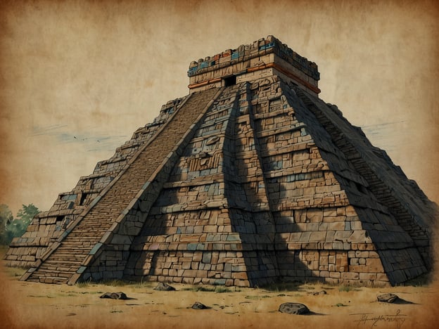 Auf dem Bild ist eine stilisierte Darstellung einer pyramidenförmigen Struktur, die stark an die Architektur der Maya erinnert. Diese Pyramide hat eine ausgeprägte treppenartige Gestaltung, die typisch für viele Maya-Stätten ist, wie zum Beispiel die Pyramiden von Chichen Itza oder Tikal. 

Die Stufen führen zu einer Plattform an der Spitze, die eine wichtige religiöse oder zeremonielle Funktion gehabt haben könnte. Die Verwendung von großen Steinen und das aufwändige Mauerwerk sind charakteristisch für den Bau der Maya. Häufig wurden diese Pyramiden als Tempel und Zeremonialorte genutzt, und die Details an der oberen Plattform könnten darauf hinweisen, dass sie mit kunstvollen Schnitzereien oder Skulpturen verziert waren, die den Glauben und die Kultur der Maya widerspiegeln. 

Der Schattenwurf und die Beleuchtung verleihen der Darstellung zudem eine dramatische Wirkung, die die monumentale Größe und die kulturelle Bedeutung dieser Bauwerke unterstreicht.