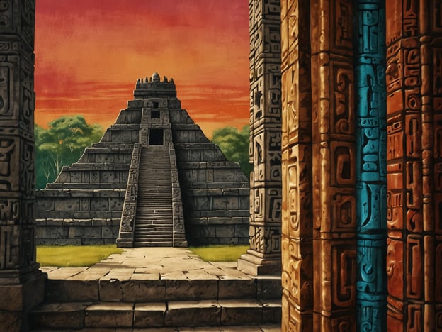 Das Bild zeigt eine fiktive, künstlerische Darstellung einer Pyramide, die an die archäologische Stätte Altun Ha in Belize erinnert. Altun Ha ist eine der bedeutendsten Maya-Stätten und war ein wichtiges Handels- und religiöses Zentrum. 

Die Pyramide und die Steinsäulen könnten symbolisch für die religiösen Praktiken und die Architektur der Maya-Kultur stehen. Altun Ha ist bekannt für die Vielzahl an Artefakten, die dort gefunden wurden, darunter der berühmte „Jade-Kopf“. Diese religiösen und kulturellen Elemente unterstreichen die hohe Bedeutung der Maya-Zivilisation in dieser Region und ihre beeindruckenden Fähigkeiten in Kunst und Architektur. 

Das Spiel von Licht und Farben im Hintergrund könnte die mystische Atmosphäre der Stätte betonen, die für viele Besucher und Forscher von großem Interesse ist.