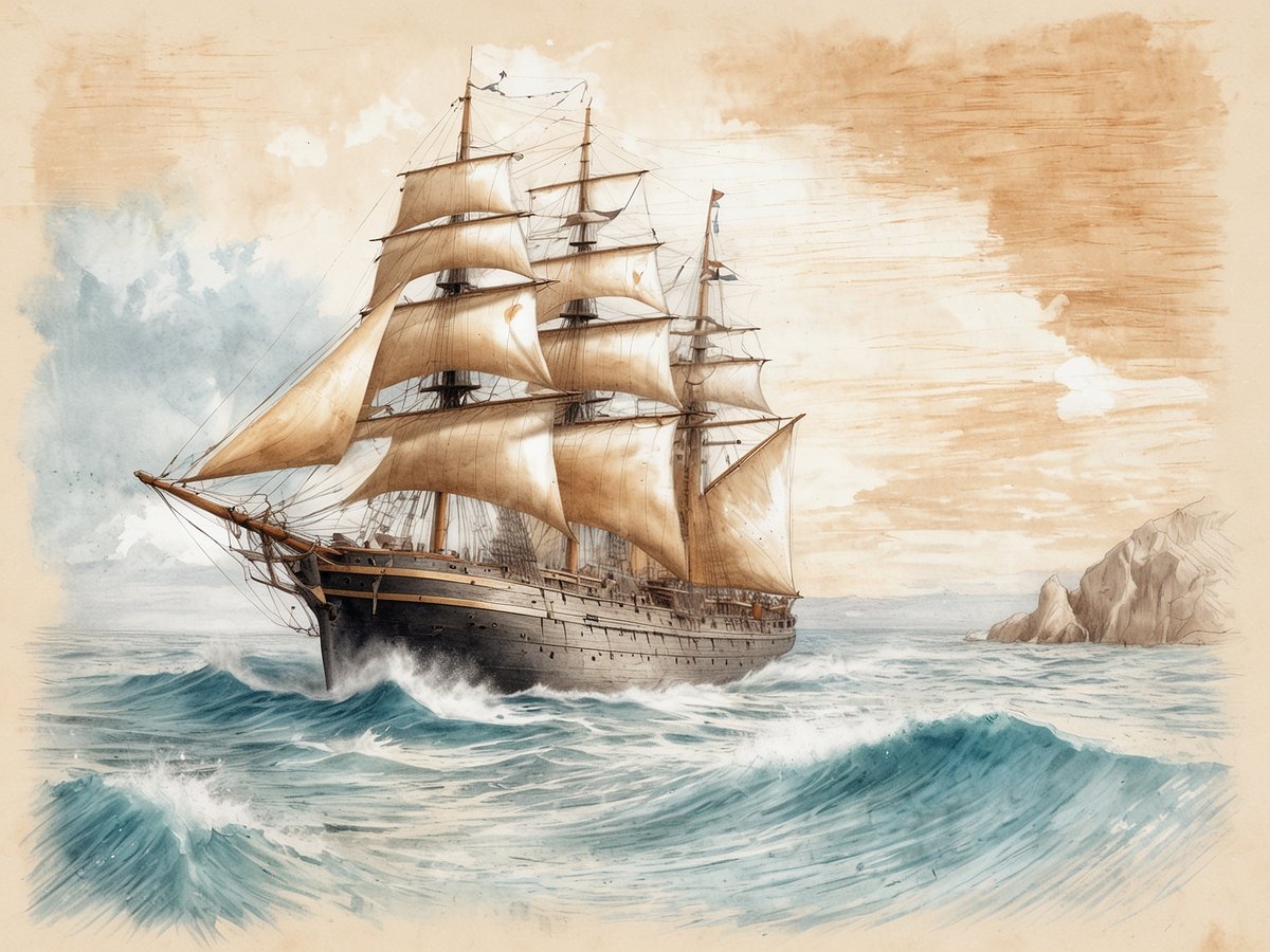 Ein majestätisches Segelschiff mit mehreren großen Segeln fährt durch unruhige Gewässer. Die Wellen sind bewegte, sanfte Töne von Blau und Weiß. Im Hintergrund sind leichte Wolken und ein farbiger Himmel zu sehen, die die Atmosphäre eines stürmischen Tages vermitteln. An der rechten Seite des Bildes ragt eine große, felsige Küste ins Bild, die die maritime Szene prägt. Das gesamte Bild vermittelt ein Gefühl von Abenteuer und Entdeckung auf hoher See.