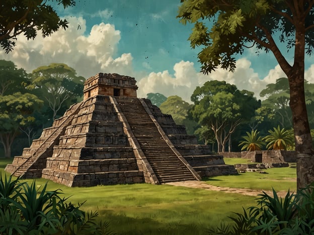 Auf dem Bild ist eine beeindruckende Pyramide zu sehen, die von üppigem Grün umgeben ist. Diese majestätische Struktur erinnert an die alten Zivilisationen Mesoamerikas, insbesondere an die Maya. Die sorgfältig gestalteten Stufen und die kunstvolle Architektur der Pyramide ziehen sofort die Aufmerksamkeit auf sich und laden dazu ein, in die faszinierende Geschichte und Kultur der vergangenen Epochen einzutauchen. Der strahlend blaue Himmel und die sanften Wolken verleihen der Szene eine fast mystische Atmosphäre, die Besucher in ihren Bann zieht und zum Träumen anregt. Es ist ein Ort voller Geheimnisse und Geschichten, der darauf wartet, entdeckt zu werden!