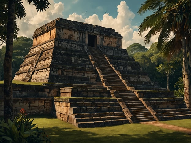 Auf dem Bild ist eine große, pyramidenartige Struktur zu sehen, die von Dschungel umgeben ist. Die Architektur erinnert an die Ruinen der Maya, insbesondere an Stätten wie Altun Ha in Belize. Die Treppen an der Vorderseite führen zur Spitze der Pyramide, und die Umgebung ist üppig mit Grünpflanzen gestaltet. Solche Stätten sind bekannt für ihre historische Bedeutung und könnten religiöse oder zeremonielle Funktionen gehabt haben.