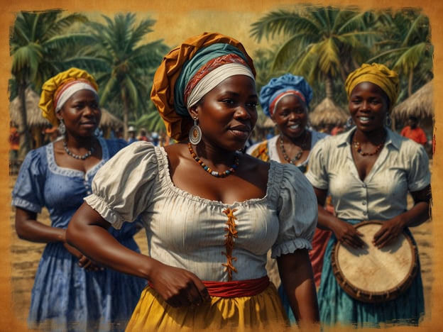 Auf dem Bild sind mehrere Frauen in traditioneller garifuna-typischer Kleidung zu sehen, die anscheinend an einem kulturellen Ereignis oder einer Feier teilnehmen. Ihre bunten Kleider und Kopftücher spiegeln die lebendige Ästhetik der Garifuna-Kultur wider. 

Die Garifuna sind ein indigenes Volk, das aus der Vermischung afro-karibischer und indigenen Arawak- und Carib-Vorfahren hervorgegangen ist. Diese Kultur ist bekannt für ihre einzigartige Musik, Tanztraditionen und kulinarischen Spezialitäten. Besonders hervorzuheben ist der Garifuna-Tanz, der oft bei Festen und Feiern aufgeführt wird und das Gemeinschaftsgefühl sowie die kulturelle Identität stärkt. 

Die Darstellung der Frauen in dieser Szene verdeutlicht die Bedeutung von Frauen in der Garifuna-Gemeinschaft sowie ihre Rolle bei der Bewahrung und Weitergabe von Traditionen.