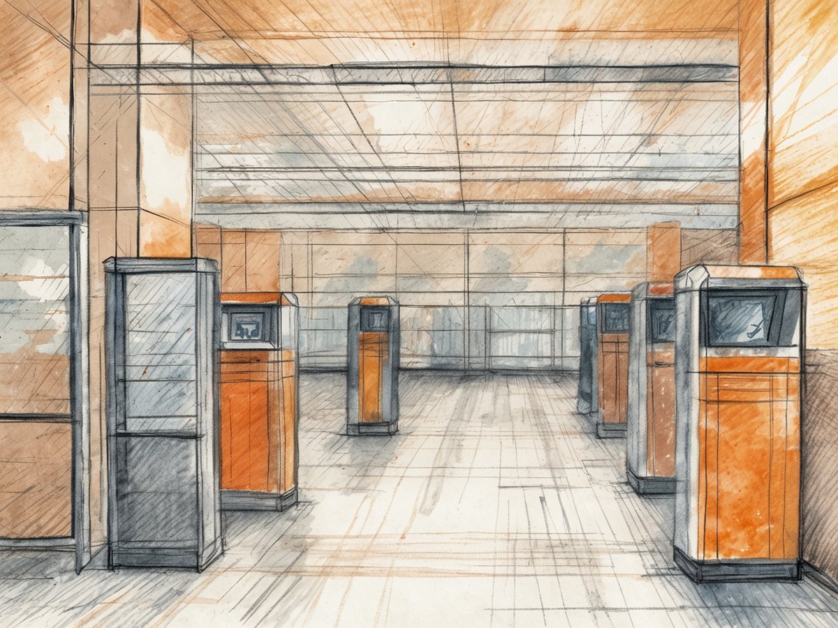 Eine skizzierte Innenansicht eines modernen Raums mit mehreren Informationsständen oder Terminals. Die Wände sind in warmen, neutralen Farben gehalten, und das Licht fällt sanft durch große Fenster. Die Stände sind in einer Kombination aus Schwarz und Orange gestaltet und stehen gleichmäßig im Raum verteilt. Der Boden ist mit einfachen Linien skizziert und vermittelt eine klare, aufgeräumte Atmosphäre.