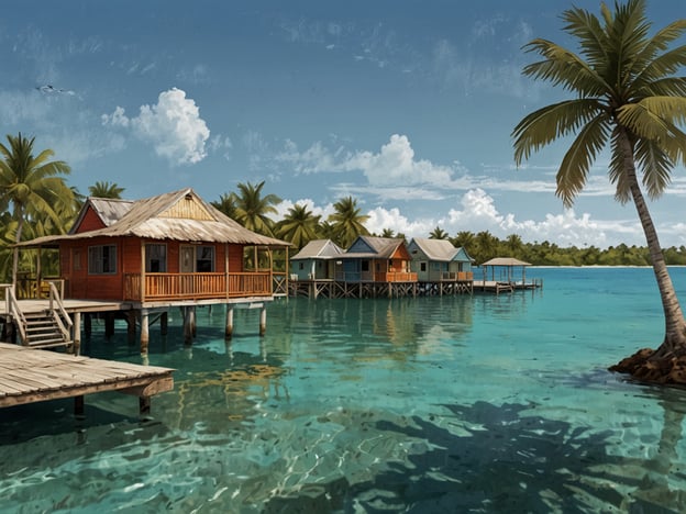 Auf dem Bild sind malerische, farbenfrohe Holzhäuser zu sehen, die auf Stelzen über klarem, türkisfarbenem Wasser stehen. Umgeben von Palmen vermittelt die Szene eine tropische Urlaubsatmosphäre. Diese Art von Landschaft ist typisch für South Water Caye, eine kleine Karibikinsel in Belize, die für ihre atemberaubende Natur und hervorragenden Möglichkeiten zum Tauchen und Schnorcheln bekannt ist. Die ruhige Umgebung und die sanfte Wellenbewegung des Wassers tragen zur entspannten Stimmung bei.