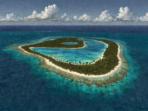 Das Bild zeigt eine Luftaufnahme eines Atolls, das üppige grüne Vegetation und einen umliegenden wasserblauen Ozean präsentiert. Es zeigt vermutlich das Glover