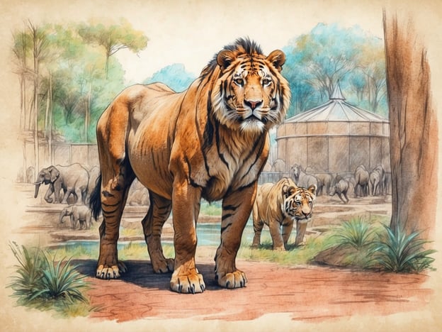 Auf dem Bild ist ein majestätischer Tiger zu sehen, der in einer naturnahen Umgebung steht. Im Hintergrund sind andere Tiere, darunter Elefanten, die das Bild lebendig wirken lassen. Diese Darstellungen von Tieren sind Teil der langen Geschichte von Zooparks, die seit ihrer Gründung als Orte der Bildung und des Schutzes von Tieren dienen. Ursprünglich entstanden Zoos im 18. und 19. Jahrhundert als Menagerie für die Öffentlichkeit, um exotische Tiere zu zeigen. Mit der Zeit haben sie sich zu wichtigen Einrichtungen entwickelt, die nicht nur der Unterhaltung, sondern auch dem Artenschutz und der Forschung gewidmet sind. Die sorgfältige Darstellung von Tieren auf solchen Bildern spiegelt das Bemühen wider, Menschen für den Erhalt der Artenvielfalt zu sensibilisieren.