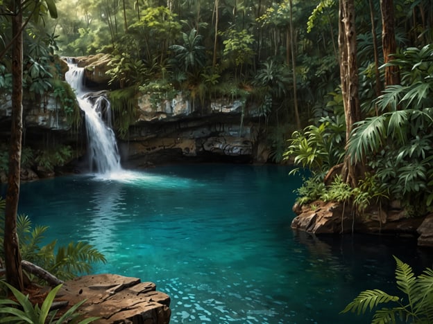 Das Bild zeigt eine idyllische Landschaft mit einem klaren, blauen Wasser, das in einen kleinen Teich fließt, umgeben von üppiger Vegetation und einem Wasserfall, der sanft in das Wasser stürzt. 

Der St. Herman