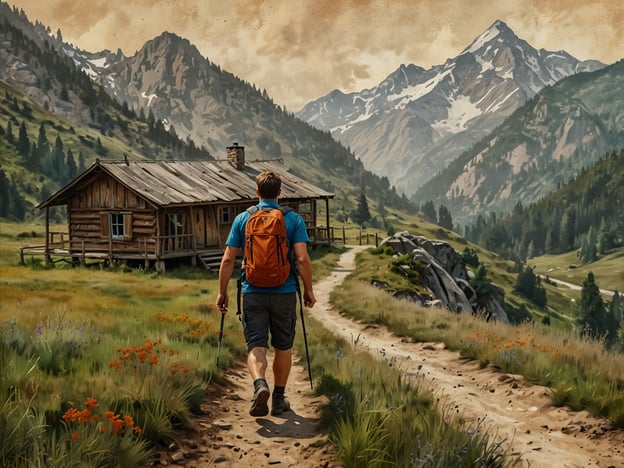 Auf dem Bild ist ein Wanderer zu sehen, der auf einem malerischen Pfad im Nationalpark unterwegs ist. Die Umgebung ist geprägt von majestätischen Bergen, grünen Wiesen und einer rustikalen Berghütte. Dieses Wandererlebnis bietet die perfekte Kulisse, um die Natur zu genießen und die frische Luft zu atmen, während sich der Wanderer auf seinem Weg zu neuen Abenteuern begibt. Die Landschaft lädt zum Erkunden und Verweilen ein, ideal für Naturliebhaber und Wanderfreunde.