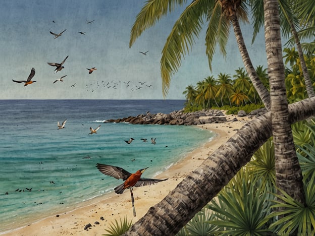 Auf dem Bild ist eine malerische Küstenlandschaft mit einem Strand, Palmen und klarem Wasser zu sehen. In der Luft fliegen verschiedene Vögel, was eine lebendige Vogelbeobachtung im Naturdenkmal andeutet. Die Szenerie vermittelt ein Gefühl von Ruhe und natürlicher Schönheit, ideal für ornithologische Erkundungen und das Beobachten der vielfältigen Vogelarten in diesem Lebensraum.