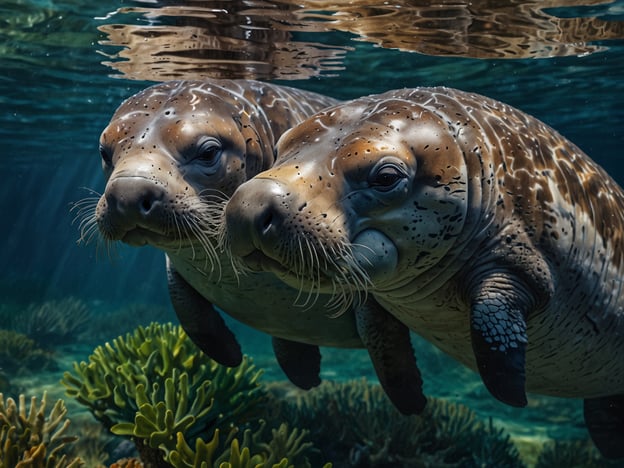 Auf dem Bild sind zwei Meeressäugetiere zu sehen, die in einem Gewässer schwimmen. Diese könnten Seelöwen oder eine ähnliche Art sein, die in der Tierwelt des Bacalar Chico Nationalparks vorkommen. Der Park ist bekannt für seine vielfältige Unterwasserwelt, einschließlich Korallenriffe und verschiedenen Meereslebewesen. Die Pflanzen im Vordergrund könnten Teil der marinen Flora sein, die die Lebensräume für viele Meeresbewohner bietet.