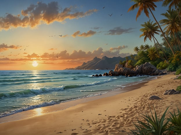 Auf dem Bild ist eine malerische Strandlandschaft zu sehen. Die sanften Wellen des Meeres schlagen gegen den Sandstrand, während die Sonne am Horizont aufgeht und die Wolken in warmen Farben erleuchtet. Palm trees säumen die Küste und bieten einen tropischen Flair. 

Diese Szenerie lädt dazu ein, entspannende Aktivitäten wie Sonnenbaden, Schwimmen oder Strandspaziergänge zu genießen. Man könnte auch meditative Momente beim Beobachten des Sonnen Aufgangs erleben oder einfach nur die Natur und den Klang der Wellen genießen. Es ist ein idealer Ort für Erholung und um dem Alltagsstress zu entfliehen.