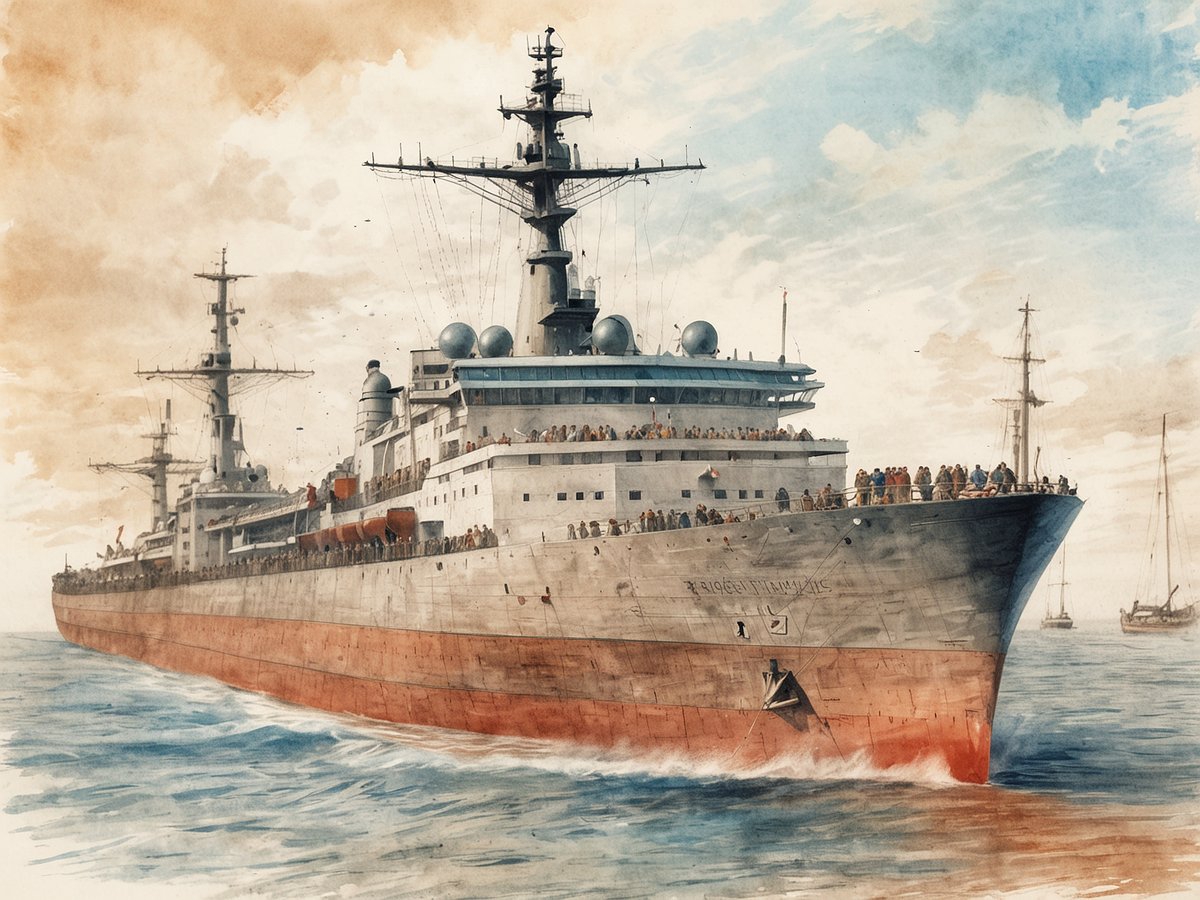 Auf dem Bild ist ein großes Schiff zu sehen, das in ruhigen Gewässern segelt. Es handelt sich um ein majestätisches Kreuzfahrtschiff mit mehreren Decks, das von vielen Menschen auf den oberen Decks umgeben ist. Die Passagiere schauten neugierig auf das Wasser. Im Hintergrund sind kleinere Boote und Segelschiffe zu erkennen, während der Himmel in sanften Farben gemalt ist. Das Schiff hat ein markantes Design, mit einem hellen Rumpf und einem dunkelrot gestrichenen unteren Teil. Diese Szene vermittelt das Gefühl einer festlichen Schiffstaufe und die Freude der Anwesenden.