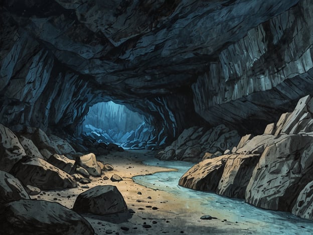 Die Blue Creek Cave ist ein mysteriöser Ort, der mit der Überraschung und den Geheimnissen der Natur gefüllt ist. Auf dem Bild ist eine Höhle zu sehen, die von großen Felsen und einem schmalen Wasserlauf geprägt ist. Das Licht dringt durch eine Öffnung in der Höhlendecke und schafft eine geheimnisvolle Atmosphäre. Die Wände der Höhle wirken rau und unregelmäßig, während der Boden mit Kies und Sand bedeckt ist. Dieses Szenario könnte ein Ausgangspunkt für Abenteuer, Erkundungen oder sogar mystische Erzählungen in der Umgebung der Blue Creek Cave sein.