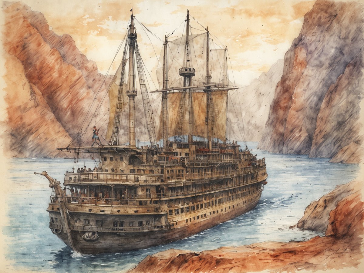 Ein großes, dampfbetriebenes Schiff mit drei Masten und mehreren Decks fährt durch eine enge Wasserstraße, umgeben von hohen, steil aufragenden Felsen. Auf dem Deck sind mehrere Personen zu sehen, die das Abenteuer der Jungfernfahrt genießen. Die Szenerie wird von sanften Wasserfarben geprägt, die eine dramatische und malerische Atmosphäre schaffen. Der Himmel ist bewölkt und es scheint, als ob es kurz vor einem Wetterwechsel steht.
