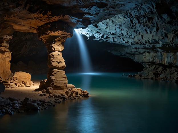 Auf dem Bild ist eine beeindruckende Höhlenlandschaft zu sehen. Die Szene zeigt eine große, dunkle Höhle mit einem türkisfarbenen Gewässer, das in der Mitte verläuft. Ein Lichtstrahl fällt von oben herunter und beleuchtet einen der großen Steinsäulen. Diese Säule scheint das Gewicht des Höhlendachs zu unterstützen, während der restliche Raum sanft im Dunkeln verhüllt bleibt.

**Fazit:** Die Atmosphäre ist mystisch und lädt zum Staunen ein. Die Kombination aus Licht und Schatten verstärkt die beeindruckende Formung der Felsen und das ruhige Wasser. 

**Persönliche Eindrücke:** Ich empfinde eine gewisse Ruhe und Ehrfurcht angesichts der natürlichen Schönheit. Die Höhle wirkt wie ein verstecktes Paradies, das darauf wartet, erkundet zu werden. Der Lichtstrahl hat eine fast magische Qualität, die das Bild lebendig macht und das Gefühl von Tiefe und Geheimnis verstärkt.