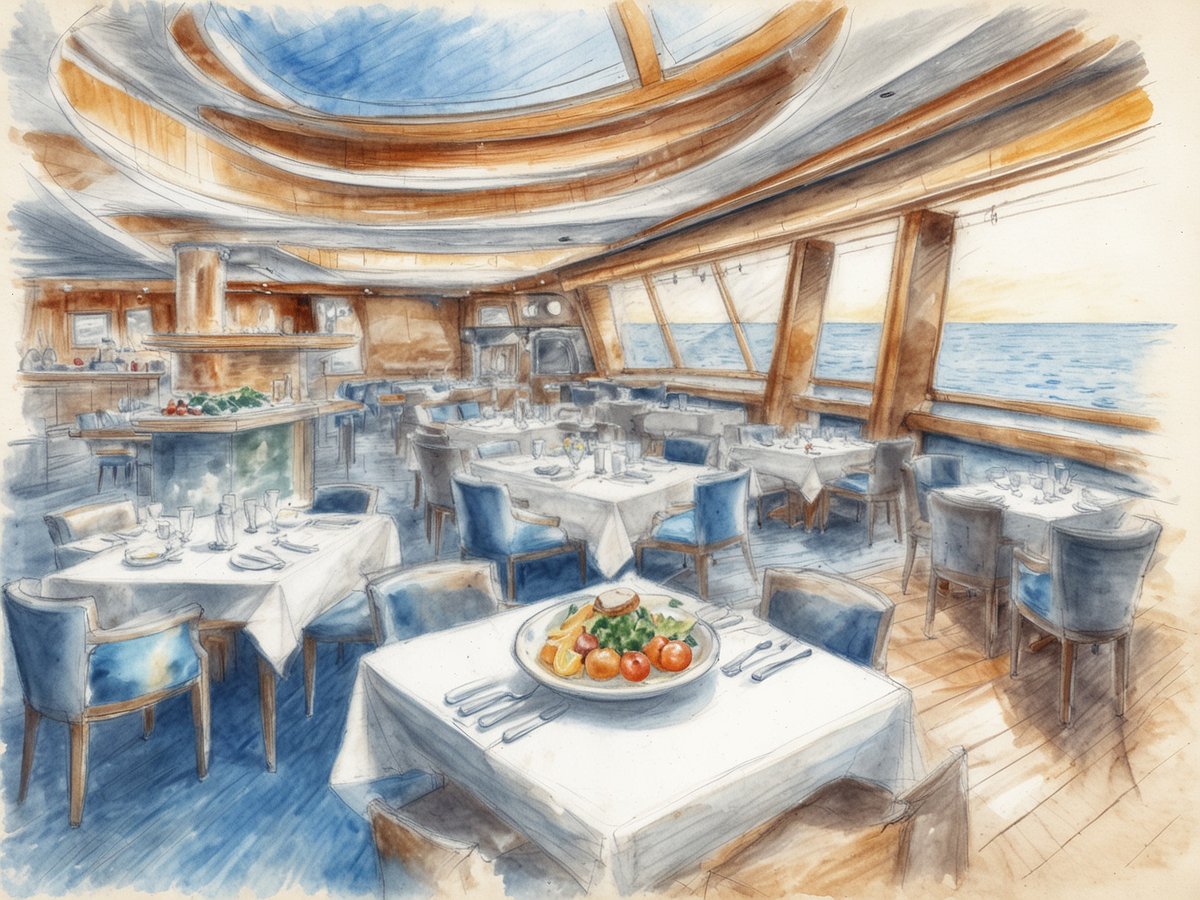 Eine stilvolle Innenansicht eines Restaurants an Bord eines Schiffes mit großen Fenstern, die den Blick auf das Meer freigeben. Die Tische sind elegant eingedeckt mit weißen Tischdecken und modernen Geschirrset. Ein zentrales Buffet mit frischen Obst- und Gemüsesorten ist sichtbar. Die Wände sind aus warmem Holz, und die Beleuchtung ist sanft und einladend. Die nautische Atmosphäre wird durch die geschwungene Decke und die hellen Farben unterstrichen, die das Licht angenehm reflektieren.