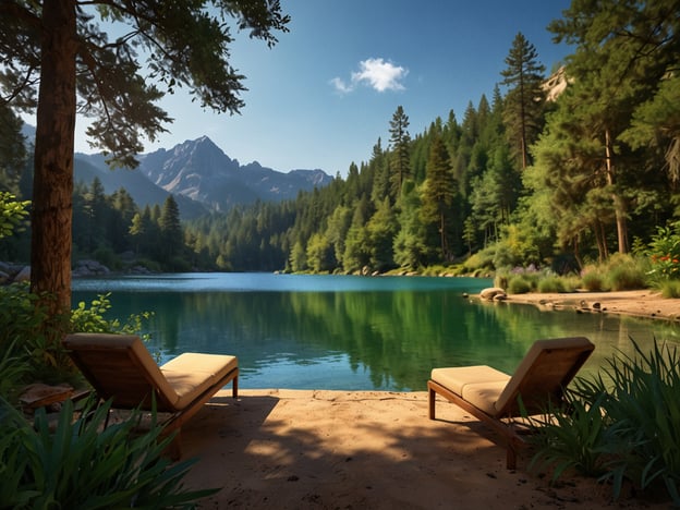 Auf dem Bild ist ein ruhiger See zu sehen, umgeben von dichtem Wald und majestätischen Bergen im Hintergrund. Es gibt zwei Liegen am Ufer, die einladend wirken und einen perfekten Platz zum Entspannen bieten. 

**Tipps für deinen Besuch:**

1. **Früh kommen**: Um die beste Aussicht und Ruhe zu genießen, solltest du früh am Morgen dort sein, wenn das Licht ideal ist.

2. **Ausrüstung**: Bringe eine Decke oder einen Liegestuhl mit, um es dir bequem zu machen. Ein gutes Buch kann ebenfalls zur Entspannung beitragen.

3. **Picknick**: Packe Snacks oder ein Picknick ein, um die Natur in vollen Zügen zu genießen.

4. **Natur erkunden**: Vergiss nicht, die Umgebung zu erkunden! Es gibt sicherlich schöne Wanderwege in der Nähe.

5. **Fotografieren**: Halte deine Erlebnisse mit Fotos fest, besonders während der goldenen Stunde kurz nach Sonnenaufgang oder vor Sonnenuntergang.

6. **Respektiere die Natur**: Achte darauf, keinen Müll zu hinterlassen und die Natur zu schützen.