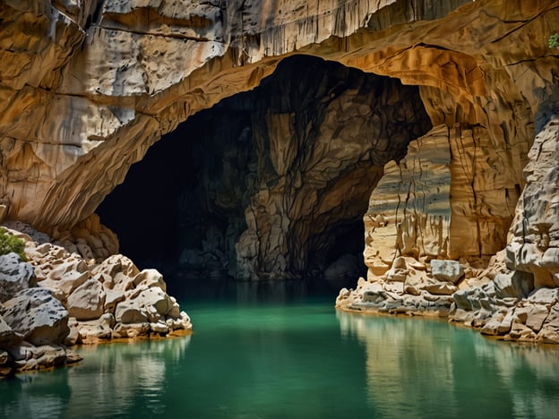 Die Barton Creek Cave ist eine faszinierende Höhle in Belize, die für ihre beeindruckenden Stalaktiten und Stalagmiten sowie für das kristallklare Wasser bekannt ist. Auf dem Bild ist der Eingang einer ähnlichen Höhle zu sehen, der von hohen, beeindruckenden Felsformationen umgeben ist. Das Wasser in der Höhle spiegelt die Farben der umgebenden Wände wider und schafft eine mystische Atmosphäre. Solche Höhlen sind oft bedeutende archäologische Fundstätten und bieten Einblicke in die Geschichte der Region sowie in die Geologie. Sie ziehen sowohl Abenteurer als auch Wissenschaftler an, die die Schönheit und die Geheimnisse der Natur erkunden möchten.