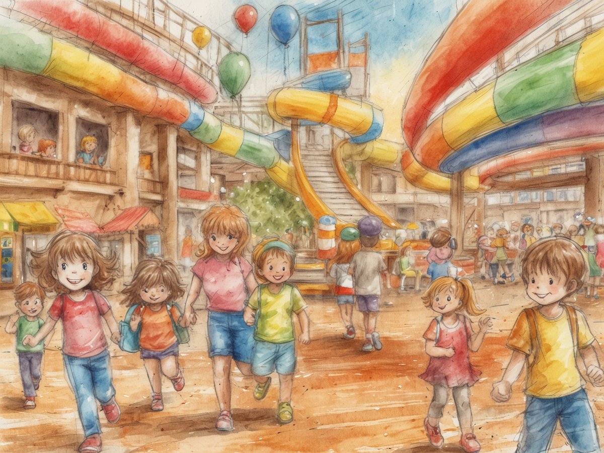 Eine bunte und lebhafte Szene in einem Freizeitpark, wo mehrere Kinder fröhlich herumrennen. Im Hintergrund sind große, bunte Rutschen und ein Klettergerüst zu sehen. Einige Kinder stehen an dem Klettergerüst, während andere in der Nähe von Ständen mit bunten Dächern spielen. Luftballons schweben über der Szenerie und die Atmosphäre wirkt ausgelassen und fröhlich.