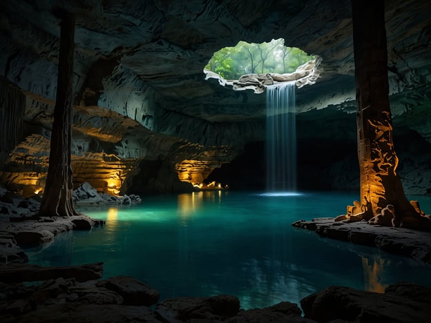 Auf dem Bild ist eine beeindruckende unterirdische Höhle zu sehen. Die Highlights des Paddelabenteuers könnten Folgendes umfassen:

1. **Wasserfall:** Ein malerischer Wasserfall fließt durch eine Öffnung im Höhlenstapel und sorgt für eine außergewöhnliche Atmosphäre.
2. **Kristallklares Wasser:** Das Wasser hat eine türkisfarbene Färbung, die zum Paddeln einlädt und die Schönheit der Umgebung unterstreicht.
3. **Beleuchtung:** Strategisch platzierte Lichter heben die faszinierenden Felsformationen hervor und schaffen eine geheimnisvolle Stimmung.
4. **Natürliche Elemente:** Die Kombination aus Wasser, Felsen und Pflanzen, die durch die Öffnung sichtbar sind, macht die Landschaft lebendig.
5. **Abenteuerliche Atmosphäre:** Die gesamte Umgebung strahlt ein Gefühl von Entdeckung und Abenteuer aus, ideal für Paddelenthusiasten. 

Ein Ort, der sowohl Erholung als auch spannende Erlebnisse bietet!