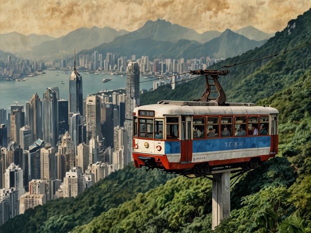 Das Bild zeigt eine Aussicht auf den Victoria Peak in Hongkong, wo eine historische Standseilbahn fährt. Im Vordergrund ist die Standseilbahn zu sehen, die sich auf einem Gleis in steilem Gelände bewegt. Im Hintergrund erstreckt sich die beeindruckende Skyline von Hongkong mit vielen Wolkenkratzern, die den Hafen überblicken. Die Landschaft ist grün und hügelig, was einen schönen Kontrast zur urbanen Umgebung bildet. Der Victoria Peak ist sowohl bei Touristen als auch bei Einheimischen beliebt, da er einen spektakulären Blick auf die Stadt und das umgebende Wasser bietet.