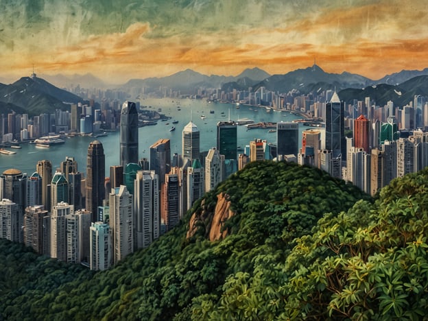 Auf dem Bild ist eine malerische Aussicht von der Besteigung des Victoria Peak in Hongkong zu sehen. Der Blick reicht über die Stadt mit ihren beeindruckenden Wolkenkratzern, die entlang der Küste aufgereiht sind. Im Hintergrund sind sanfte Hügel und Berge zu sehen, während der Himmel in warmen Farben leuchtet. Die Szenerie vermittelt ein Gefühl von Höhe und der aufregenden Mischung aus Natur und urbaner Architektur.