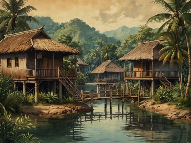 Monkey River Village ist ein malerisches, traditionelles Dorf in Belize, umgeben von einer üppigen tropischen Landschaft. Auf dem Bild sind stilisierte Holzhäuser zu sehen, die auf Stelzen über einem ruhigen Fluss stehen. Die Dächer sind mit Schilf gedeckt, und das Dorf ist von üppigem Grün und Palmen umgeben. Eine kleine Holzbrücke verbindet die verschiedenen Gebäude und verstärkt das idyllische und friedliche Ambiente des Ortes. Dieses Bild fängt die natürliche Schönheit und die entspannte Lebensweise der Bewohner von Monkey River Village ein.