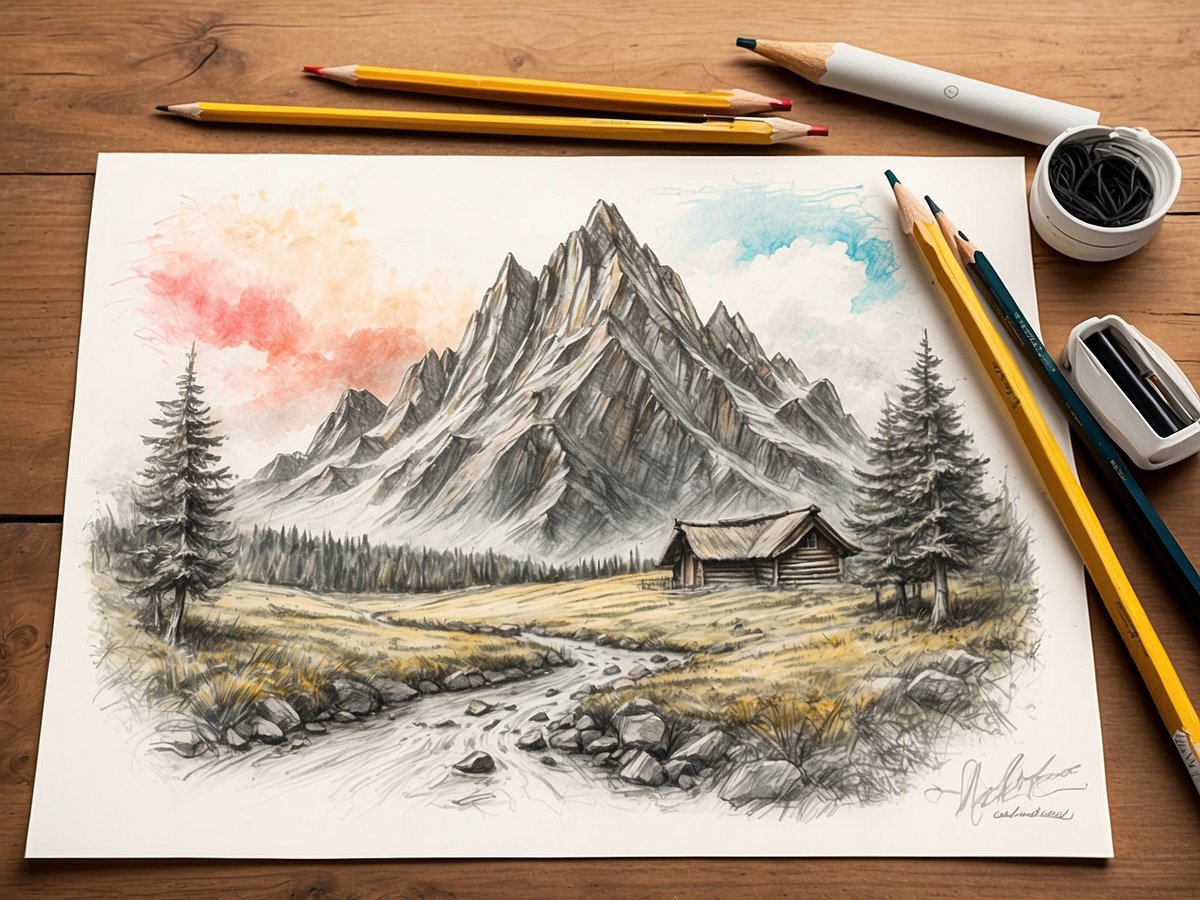 Eine detaillierte Zeichnung zeigt eine malerische Landschaft mit hohen Bergen im Hintergrund. Im Vordergrund fließt ein kleiner Bach, umgeben von Wiesen und Steinen. Links steht ein kleiner Holzbau, vermutlich eine Hütte, umgeben von hohen Nadelbäumen. Der Himmel ist in sanften Farben von Rosa und Blau gehalten, was der Szene eine traumhafte Atmosphäre verleiht. Buntstifte und ein Stift liegen neben dem Bild auf einem Holztisch.