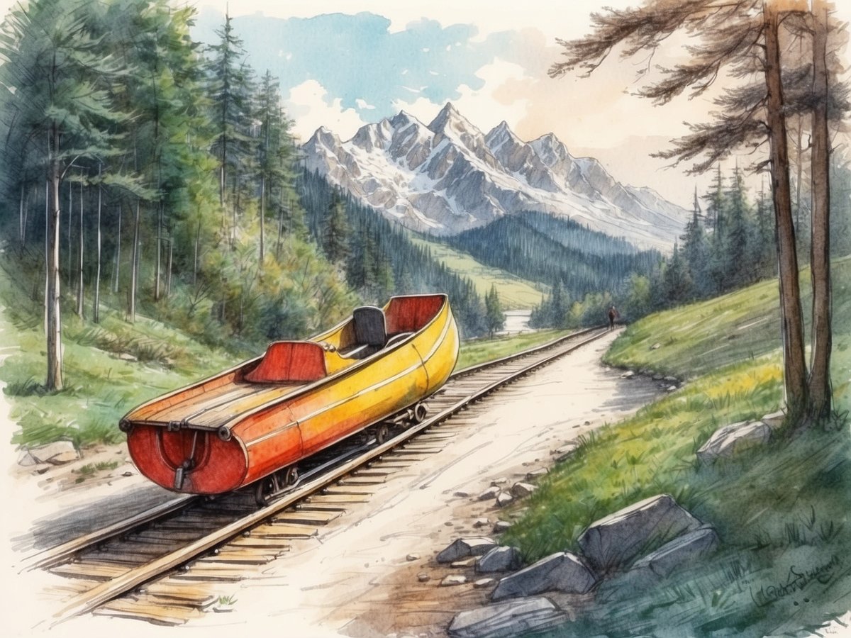 Eine Sommerrodelbahn in Grafenau ist auf dem Bild zu sehen. Im Vordergrund steht eine halb offene Rodelbahnzugmaschine auf Schienen. Die Rodel hat eine rot-gelbe Farbe und befindet sich in einer malerischen Berglandschaft. Im Hintergrund erheben sich beeindruckende Berge unter einem blauen Himmel mit einigen Wolken. Rechts im Bild ist eine grüne Wiese mit einigen Bäumen und einem Wanderer zu sehen, der den Weg entlanggeht. Das Gesamtbild vermittelt eine idyllische und entspannende Atmosphäre in der Natur.