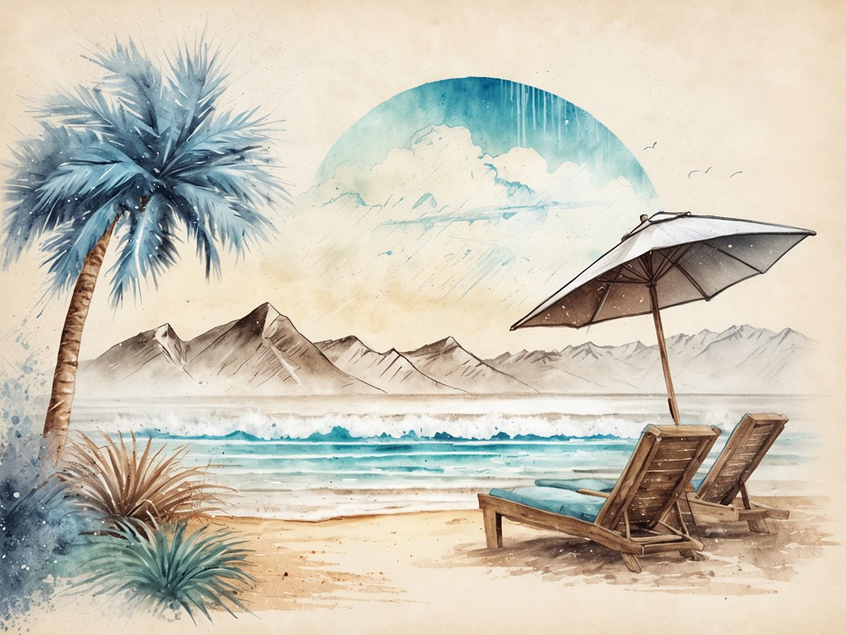 Ein tropischer Strand mit zwei Liegestühlen unter einem Sonnenschirm. Im Hintergrund sind sanfte Wellen zu sehen, die an den Strand rollen. Palmen und Gräser rahmen die Szene ein, während majestätische Berge die Landschaft im Hintergrund dominieren. Der Himmel ist teilweise bewölkt, und es scheint eine ruhige, entspannende Atmosphäre zu herrschen.