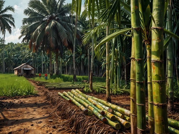 Auf dem Bild ist eine tropische Landschaft zu sehen, die wahrscheinlich mit der Zuckerproduktion in Belize in Zusammenhang steht. Im Vordergrund erkennt man gestapelte Zuckerrohrstangen, die für die Zuckerherstellung benötigt werden. Die Umgebung ist geprägt von hohen Palmen und üppigem, grünem Pflanzenwachstum, was typisch für das Klima in Belize ist. 

Belize ist bekannt für seine Zuckerrohrplantagen, und die Landwirtschaft spielt eine wichtige Rolle in der Wirtschaft des Landes. Die Ernte und Verarbeitung von Zuckerrohr haben eine lange Tradition, die bis in die koloniale Zeit zurückreicht. Zuckerrohr gedeiht besonders gut in den warmen, feuchten Bedingungen, die Belize bietet.