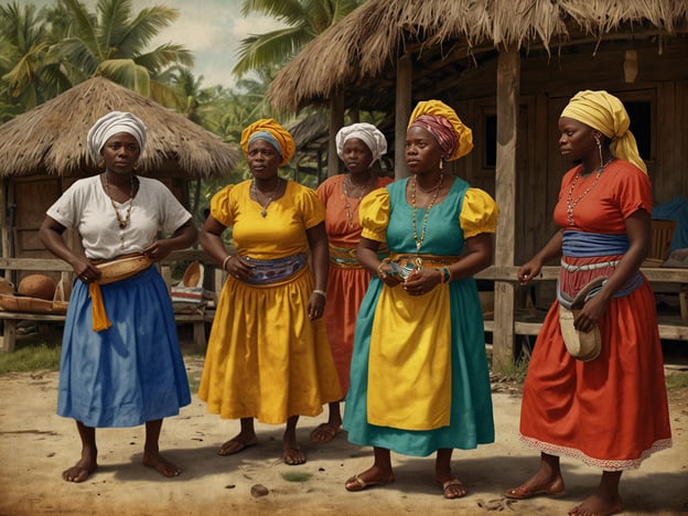 Auf dem Bild sind mehrere Frauen in traditioneller Kleidung der Garifuna-Kultur zu sehen. Die Garifuna sind ein indigenes Volk, das aus den Nachkommen von afrikanischen Sklaven und den indigenen Arawak- und Karib-Stämmen besteht. Ihre Kultur ist reich an musikalischen Traditionen, Tänzen und kulinarischen Einflüssen.

Die Frauen tragen bunte Kleider und Kopftücher, die typisch sind für die Garifuna-Gemeinschaften, die vor allem in Mittelamerika, insbesondere in Ländern wie Honduras, Belize und Guatemala, leben. Diese Kleidungsstücke sind oft ein Ausdruck ihrer kulturellen Identität und werden häufig bei festlichen Anlässen oder Zeremonien getragen.

Die Garifuna-Kultur ist bekannt für ihre fröhliche Musik, besonders für den Paranda, einen musikalischen Stil, der akustische Instrumente und Gesang kombiniert. Die Gemeinschaft legt großen Wert auf ihre Traditionen, die von Generation zu Generation weitergegeben werden.