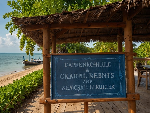 Auf dem Bild ist ein Strandbereich mit einem Holzschild zu sehen, das die Namen "Caprenachilule", "Ckaräl Rebnts" und "Senicral Herudlex" anzeigt. Besucher können hier verschiedene Aktivitäten genießen, wie zum Beispiel:

1. **Schwimmen**: Entspannen Sie sich im klaren Wasser und genießen Sie das Baden.
2. **Schnorcheln**: Erkunden Sie die Unterwasserwelt und entdecken Sie bunte Fische und Korallen.
3. **Bootstouren**: Unternehmen Sie Ausflüge mit Booten, um die Küstenlandschaft zu erkunden.
4. **Strandspaziergänge**: Genießen Sie entspannte Spaziergänge entlang des feinen Sandstrandes.
5. **Lokale Küche**: Probieren Sie die köstlichen Gerichte in nahegelegenen Restaurants oder Strandbars.

Dieser Ort scheint ideal für einen erholsamen Tag in der Natur zu sein.