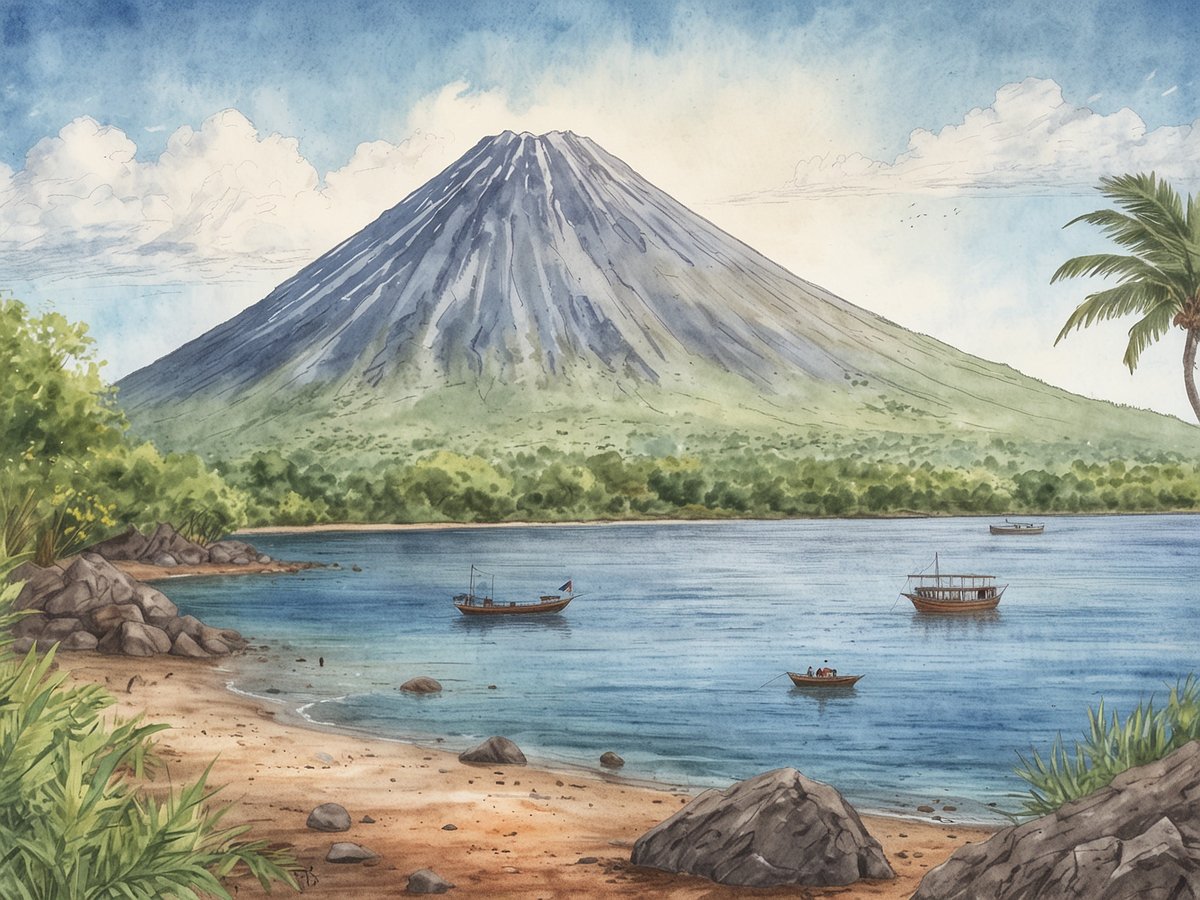 Eine malerische Landschaft der Insel Ometepe im Nicaraguasee zeigt majestätische Vulkane im Hintergrund. Der aktive Vulkan erstreckt sich hoch in den Himmel, umgeben von üppiger, grüner Vegetation. Im Vordergrund erstreckt sich ein ruhiger Sandstrand mit einigen kleinen, glatten Steinen. Auf dem glitzernden Wasser sind mehrere Boote zu sehen, die sanft schaukeln. Die Szenerie wird durch einen klaren blauen Himmel und flauschige weiße Wolken ergänzt, was ein Gefühl von Abenteuer und Naturverbundenheit vermittelt.