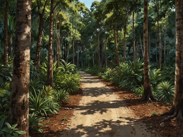 Das Bild zeigt einen Einblick in das Bladen Nature Reserve, das eine üppige, grüne Umgebung mit hohen Bäumen und einem schmalen, unbefestigten Weg darstellt. Die dichten Pflanzen und der Schatten der Bäume schaffen eine ruhige und natürliche Atmosphäre, ideal für Wanderungen und die Erkundung der Natur. Die Sonne scheint durch das Blätterdach und verleiht der Szene ein warmes Licht.