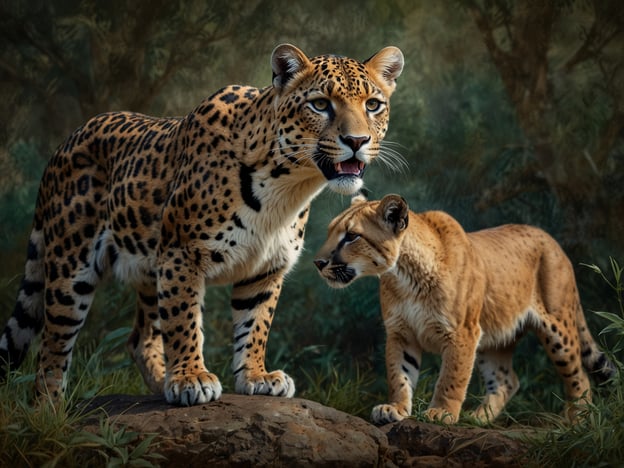 Auf dem Bild sind zwei große Katzen zu sehen, die an einem Felsen stehen. Diese Tiere könnten dem Tierreich im Bladen Nature Reserve ähnlich sein, das für seine vielfältige Fauna, einschließlich großer Raubtiere, bekannt ist. Möglicherweise handelt es sich um eine Leopardenart und eine andere Katze. Im Bladen Nature Reserve leben vielfältige Tiere, darunter auch Raubtiere, die eine wichtige Rolle im Ökosystem spielen.