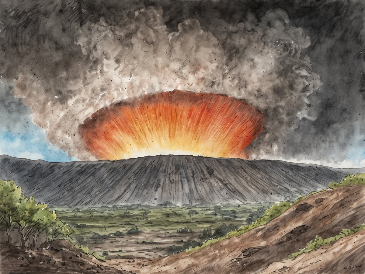 Blick in den aktiven Krater des beeindruckenden Vulkans Masaya. Der Himmel wird von dichten, grauen Rauchwolken ausgefüllt, während aus dem Krater ein leuchtender, orangefarbener Lichtschein emporsteigt. Im Vordergrund sind hügelige Landschaften mit grünen Pflanzen zu sehen, die sanft auf den vulkanischen Boden treffen. Der Vulkan selbst zeigt eine markante, geneigte Form, die von dunklen Gesteinsschichten geprägt ist. Die gesamte Szene strahlt eine kraftvolle und dynamische Energie aus.