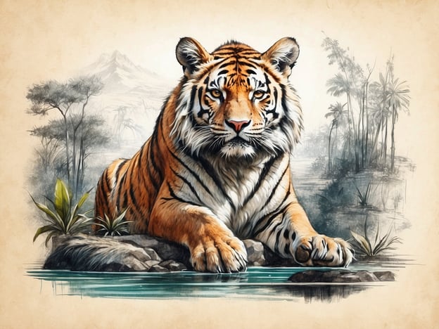 Auf dem Bild ist ein majestätischer Tiger zu sehen, der entspannt an einem Gewässer liegt. Seine auffälligen orangefarbenen und schwarzen Streifen machen ihn zu einem beeindruckenden Anblick. Die Umgebung ist von Pflanzen und einem natürlichen Hintergrund geprägt, der eine tropische Atmosphäre vermittelt. Der Tiger wirkt ruhig und beobachtend, was seine starke Präsenz unterstreicht.