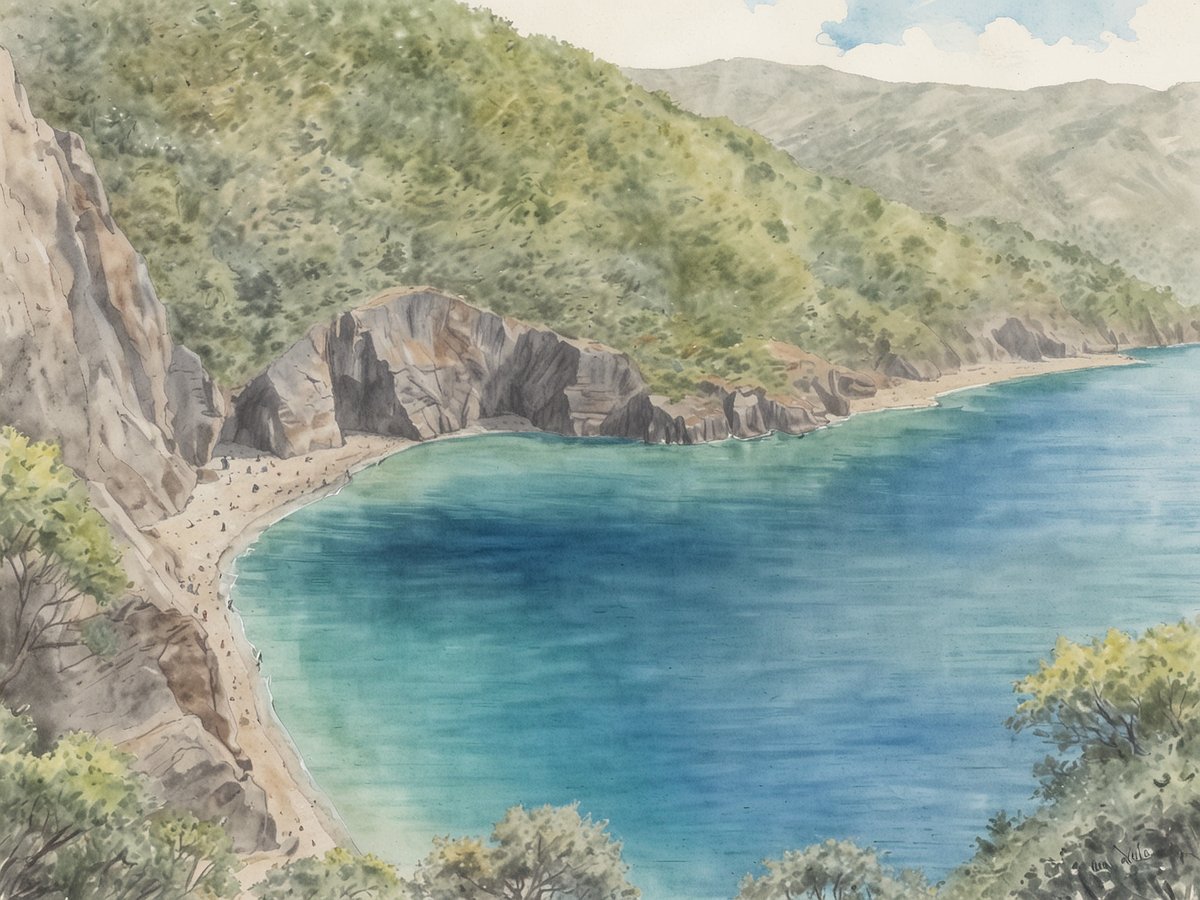 Kristallklarer Kratersee Laguna de Apoyo, umgeben von grünen Hügeln und hohen Felsen. Am Ufer sind Menschen zu sehen, die den Strand genießen. Das Wasser hat verschiedene Blautöne und spiegelt die umgebende Landschaft wider. Ein kleines Stück Sandstrand ist sichtbar, das sanft ins Wasser übergeht. Der Himmel ist teilweise bewölkt und zeigt eine friedliche Atmosphäre.