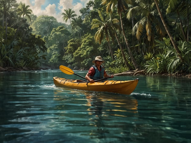 Auf dem Bild ist eine Person zu sehen, die Kajakfahren auf einem ruhigen Fluss in einer tropischen Landschaft. Der Fluss hat ein klares, blaues Wasser, und die Umgebung ist von üppigem Grün und Palmen geprägt. Die Person trägt einen Hut und paddelt in einem gelben Kajak, was eine entspannte und naturnahe Atmosphäre vermittelt.